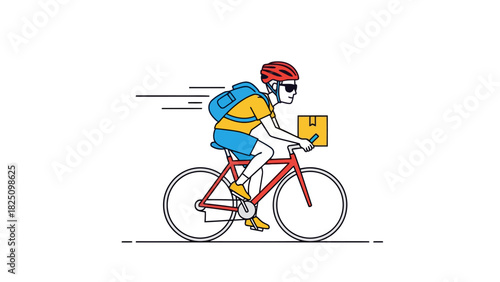 A cyclist in red and yellow gear delivering a package on a red bicycle, white background