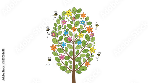 A cartoon tree with smiley leaves and colorful, smiling star-shaped flowers, with bees buzzing around it