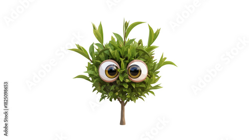 A cartoon-like image of a green bush with big eyes, appearing to be a face