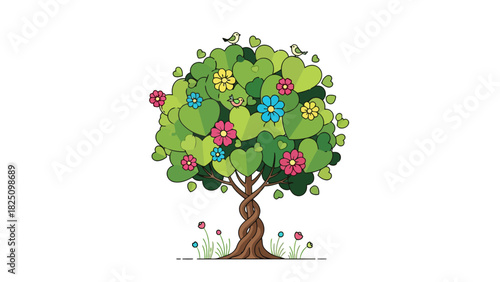 A cartoon illustration of a tree with heart-shaped leaves, colorful flowers, and birds