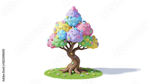 A whimsical tree with a pixelated style. Its colorful, cloud-like foliage features smiling faces