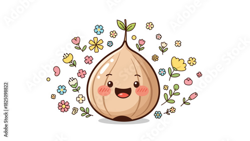 A cute bulb-shaped character with a smiling face, surrounded by colorful flowers on white