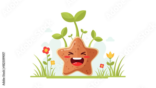 A smiling starfish character with sprouting leaves amongst flowers and blades of grass