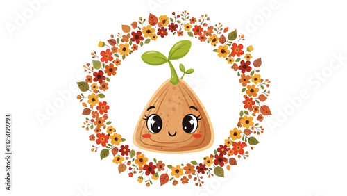 A cute, smiling seed with sprouts surrounded by a flower wreath against a white background