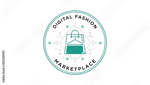 A circular logo design features text and graphics symbolizing digital fashion marketplace on a white background