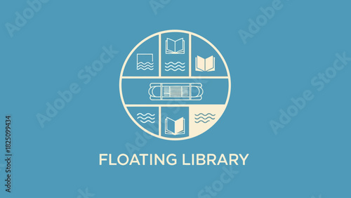 A simple graphic displaying a circle segmented with book icons, waves, and a boat, with the words "Floating Library.