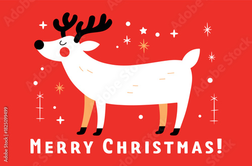 Cute reindeer vector illustration on a red background with stars. Merry Christmas text. Perfect for Christmas cards, posters, invitations, banners, and holiday designs.