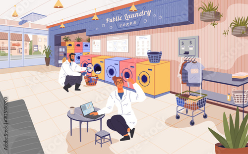 Daily chores, multitasking, remote work, urban lifestyle, community spaces, efficiency. A public laundromat with colorful machines, people working and managing laundry. Multitasking and daily chores