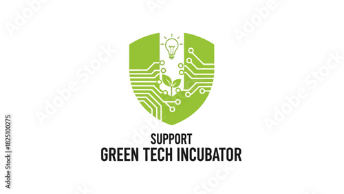 Shield design featuring an lightbulb,circuitry and a plant, and text below