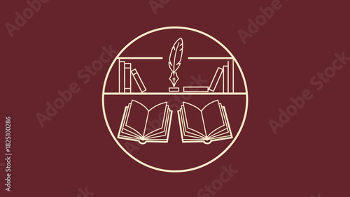A cream-colored library symbol features a quill, bookshelves, and open books, set against a maroon background