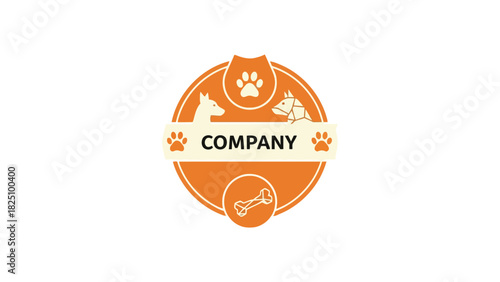 A circular logo with dogs, paw prints, and a bone on an orange and cream background