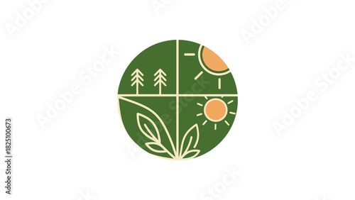 A four-part illustration inside a circle, featuring trees, suns, and leaf illustration with a nature theme