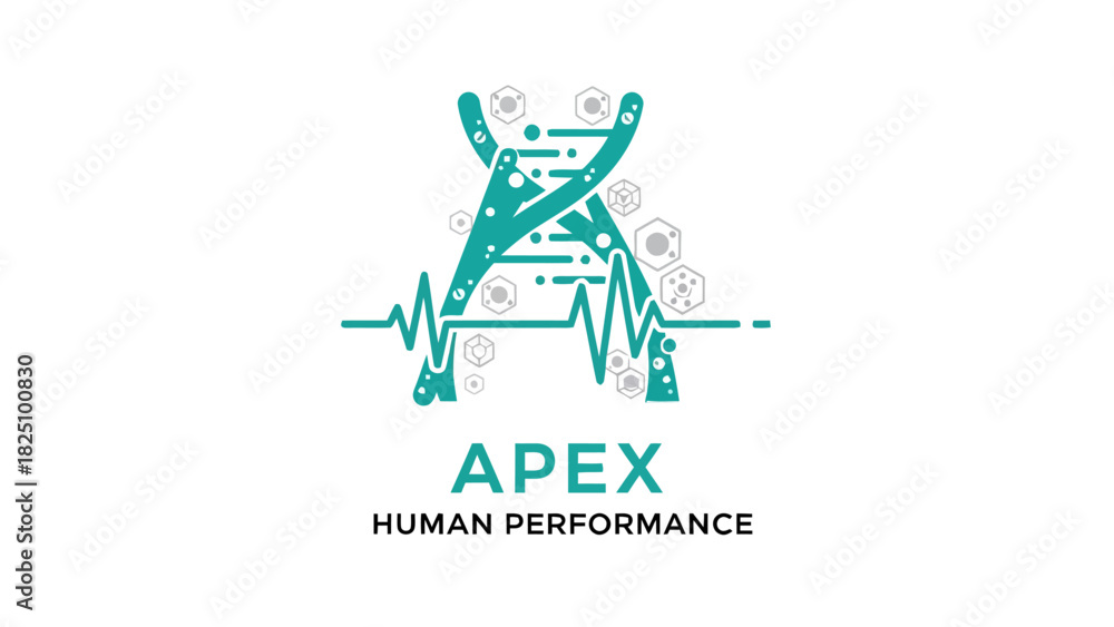 Fototapeta premium An abstract design of DNA-like strands intertwined with a waveform and hexagonal figures