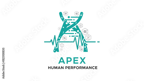 An abstract design of DNA-like strands intertwined with a waveform and hexagonal figures