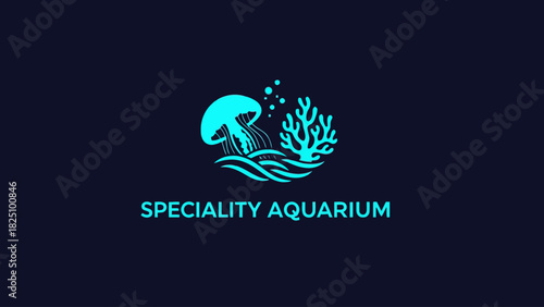 A teal graphic depicting underwater life a jellyfish, coral, and waves, with text below