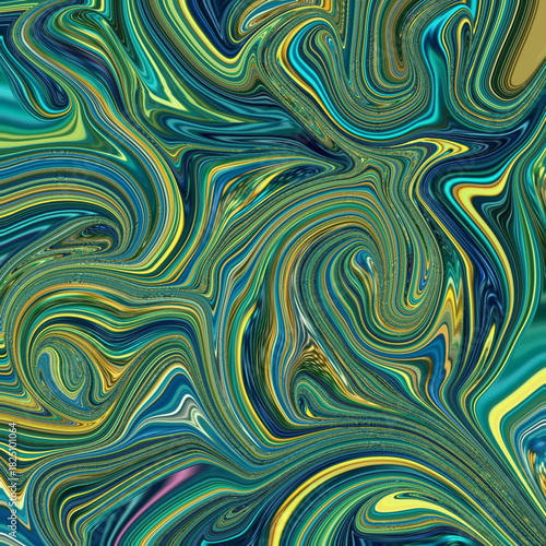 A vibrant abstract artwork with dynamic swirling teal, blue, and gold lines forming a flowing texture and richly layered pattern for bold design use.