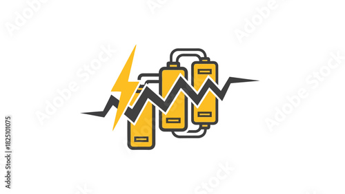 A graphic symbol showcasing electricity processing with yellow cylinders, black lines, and lightning