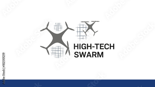 A high-tech design featuring gray drones with abstract patterns and bold text "HIGH-TECH SWARM