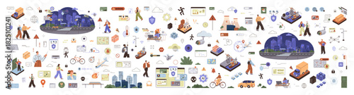 Security concept, human security in smart cities supply chain and logistics. Data security, network infrastructure, e-commerce, remote work, cloud storage, digital business. Security icons shield data