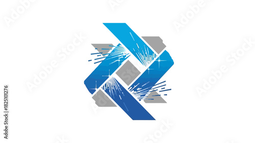 Abstract composition of interconnected blue and gray shapes with linear accents on a white background