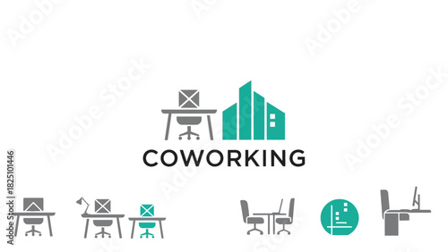 A logo featuring a simplified office interior design with multiple workspace icons and the word "coworking
