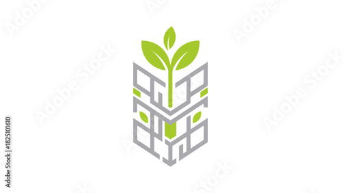 A geometric logo features leaves emerging from an architectural structure. Elements are green and gray