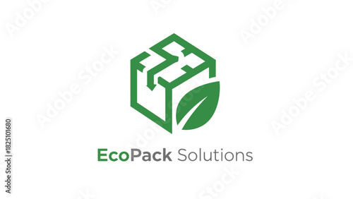 A geometric package illustration with green leaf on a white background. Logo promoting eco-friendly solutions