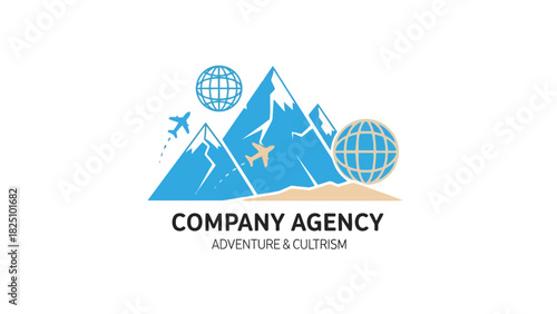 A travel-themed logo with mountains, airplanes, and globes. It also has text below