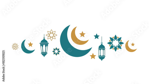 Decorative image with celestial elements crescent moons, stars, lanterns, and geometric shapes
