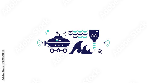 A cartoon image featuring a submarine, ocean waves, sonar signals, and a buoy