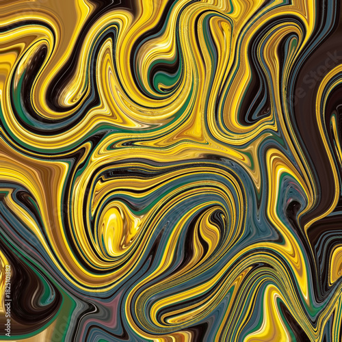 Energetic yellow marbling, swirl, fluid, abstract, texture creating dramatic flowing motion with deep contrast for bold artistic and commercial modern design.