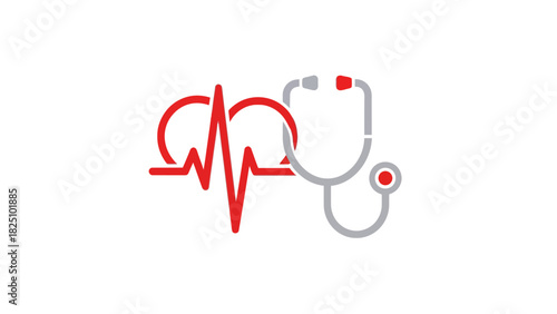 A medical illustration showcasing a red heartbeat graphic intertwined with a gray stethoscope, on white background