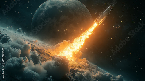 Astronaut Exploring Space with Moon and Rocket Launch Symbolizing Human Progress