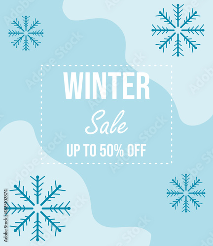  Banner for winter sales with snowflakes and the inscription: "Winter Sale. Up to 50% off"