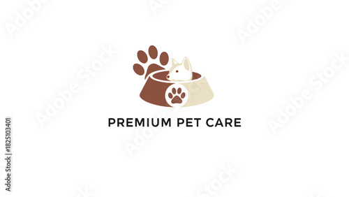 A logo illustrating a dog in a bowl, alongside a paw print, with text beneath