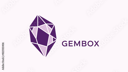 A geometric illustration of a crystal with the word "GEMBOX" in a purple shade on a white background