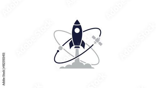 A dark blue rocket launches amidst orbiting elements and a satellite on a bright white background
