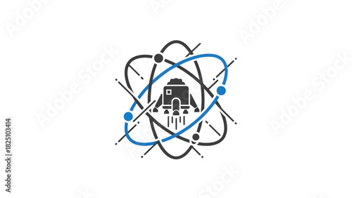Simplified illustration of a spacecraft launching within an atom structure with a clean, white background