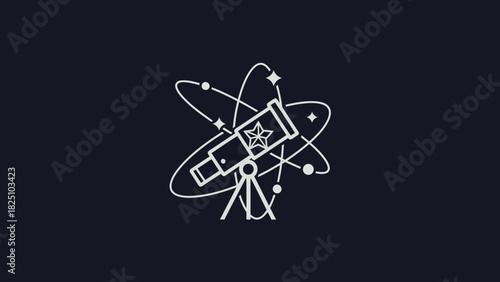 A white illustration of a telescope, encircled by orbits and stars, set against a dark background