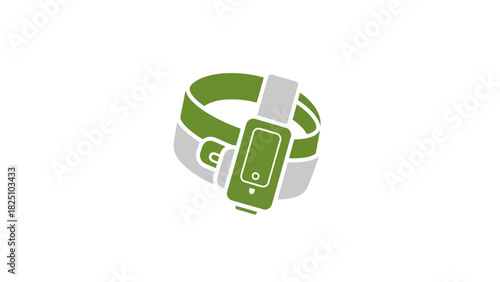 Graphic of a wearable fitness device with green strap and digital tracker, angled on white background