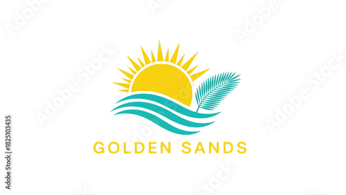 Stylized beach scene logo with sun, ocean waves, palm leaf, and the words "Golden Sands" at the bottom