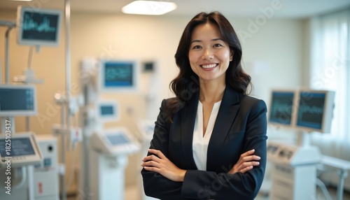 Free Download Confident Asian woman in business suit stands with arms crossed in hospital. Medical equipment in background. Female executive manager in healthcare. Smiling woman in clinic. Pro in medical facility. - GFXLoad