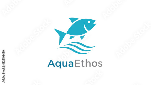 A stylized turquoise fish leaps out of water waves on a white background with text