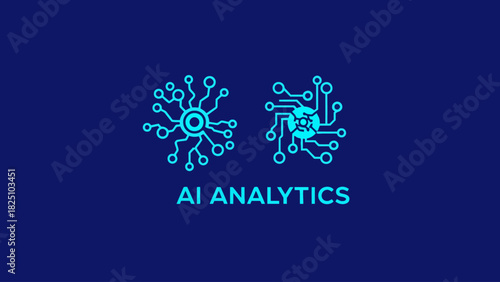 Blue background with cyan circuit board designs and text "AI ANALYTICS