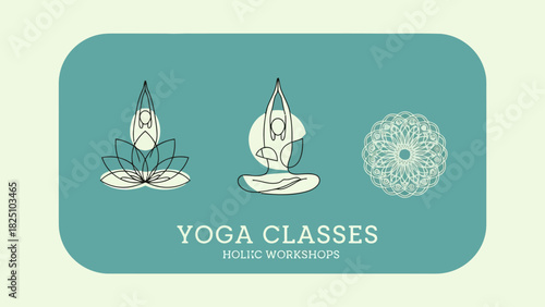 Turquoise background yoga design with illustrations of lotus pose, meditation, and mandala