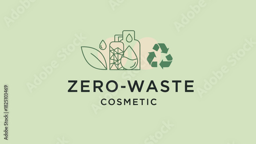 Stylized green logo featuring bottles, leaf, recycling symbol and text "Zero-Waste Cosmetic" on light green background