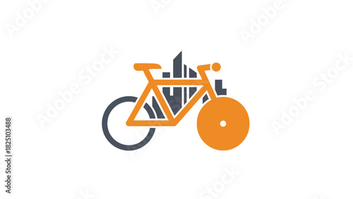 A bicycle illustration, orange and grey in color, with a cityscape background