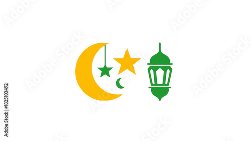 A vibrant minimalist illustration featuring a crescent moon, stars, and a decorative lantern