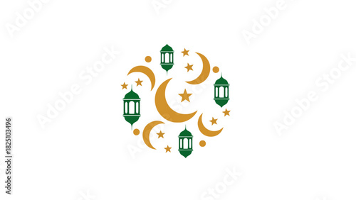 Circular Islamic design with crescents, lanterns, and stars. Featuring green and gold elements