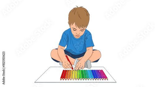 A young child is coloring on a white paper with a set of colored pencils laid out
